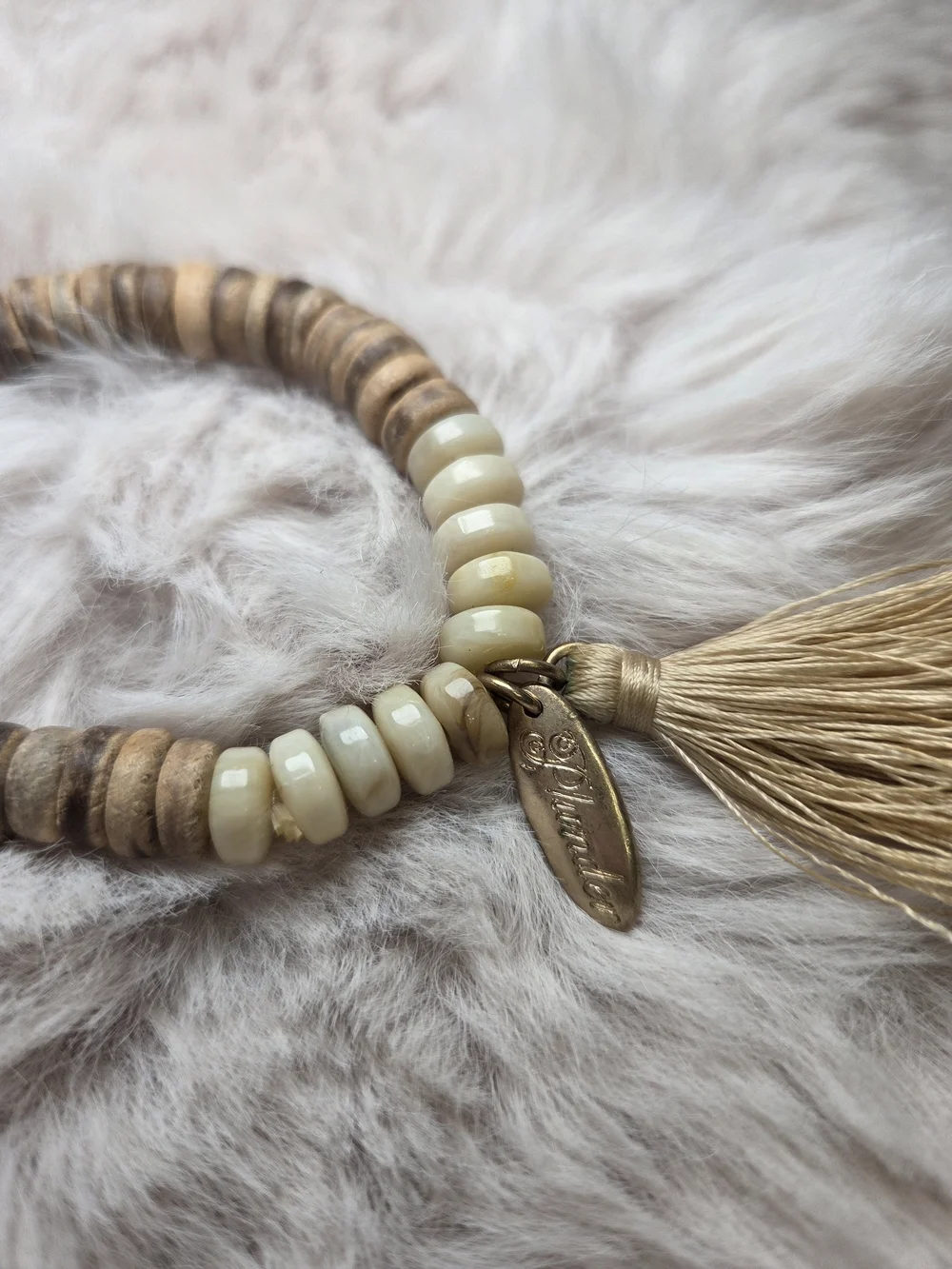 Plunder Natural Wood and Cream Boho Tassel Bracelet